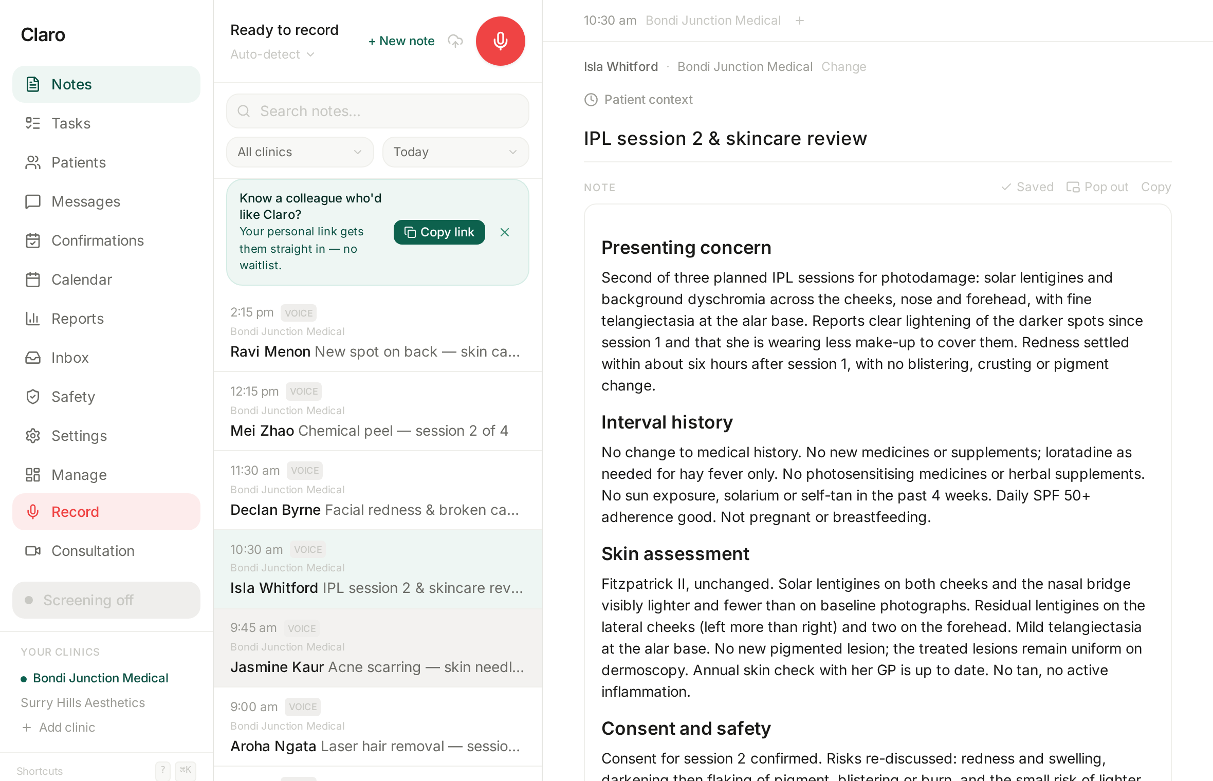 The Claro web app: a consult note open beside the clinic's note list.